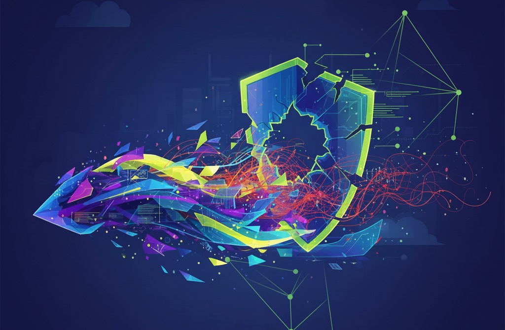 abstract image of a shield with a gap in the middle to illustrate how rapid Ai adoption is causing a gap in cybersecurity defenses